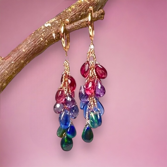 Natural Rainbow Gemstone: Opal Tourmaline Ruby Earrings in Solid 18K Rose Gold - Picture 7 of 15